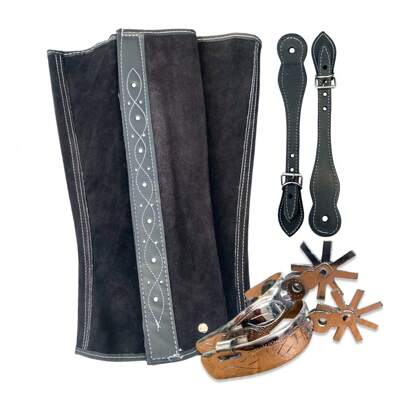 Espuelas Charras de Acero Monel con Polainas Charras de Carnaza  para Charro Jinete Vaquero con Correllones Correas
