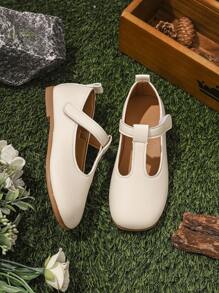 1 Pair Girl's Beige Flat Shoes, PU Material With Hook And Loop Adjustable Size Design, Round Toe, TPR Anti-Slip Comfortable Light-Weight Solid Color Dance Shoes, Suitable For Girls Aged 5-14, For School, Party, Outdoor Daily Casual Wear - Beige - View 10