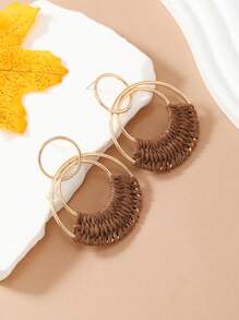 1 Pair Bohemian Style Resort Rattan Round Earrings In Ivory White, Fuchsia, And Orange, Hand-Woven, Fashionable For Women, Suitable For Daily Wear