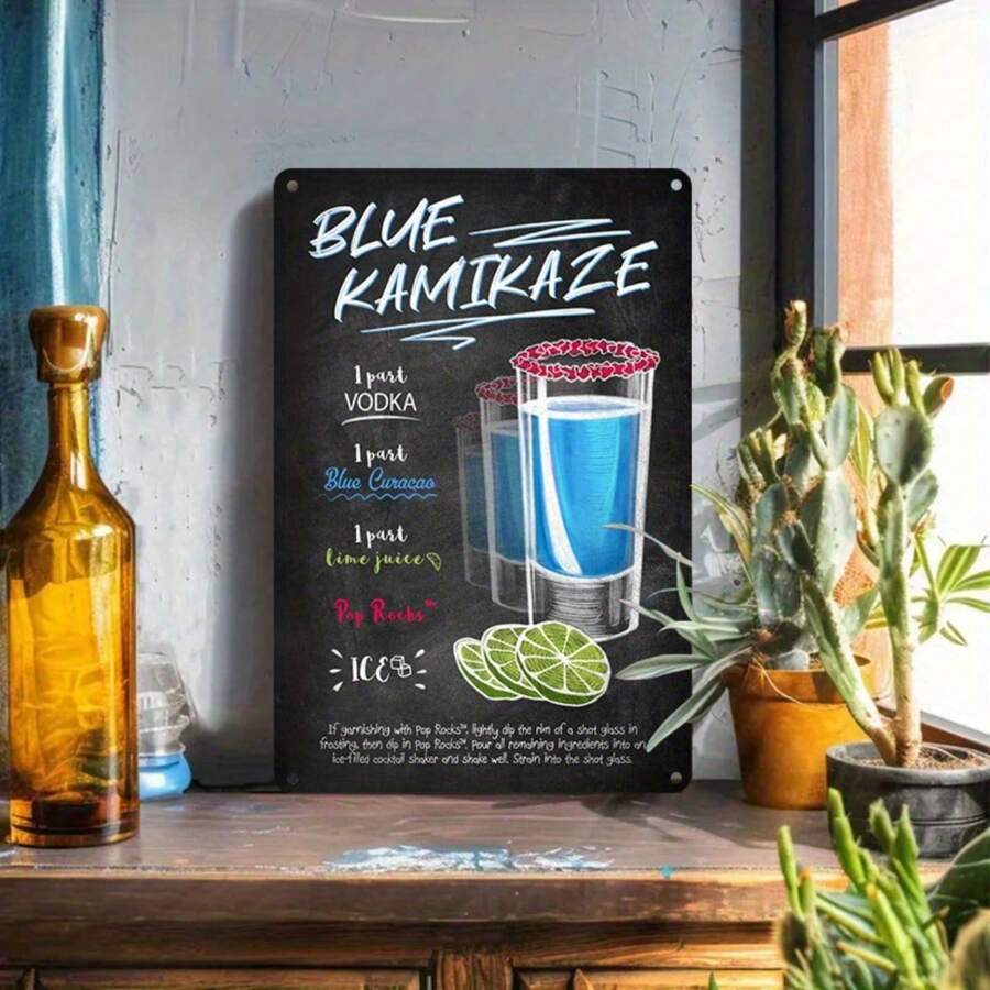 1PC Blue Kamikaze Drink Recipe Tin Sign, Vintage Chalkboard Art, Cocktail Recipe Design, 8x12 Inches/ 20x30 Cm - 8x12inch/20x30cm-1pc - View 1