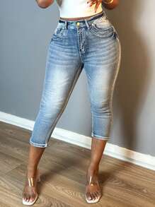 Women Fashion Vintage Washed Denim Pants Small Legs Button-Up Zipper Open Slim-Fit Stretchy Jeans - 淺色水洗藍 - 查看 1