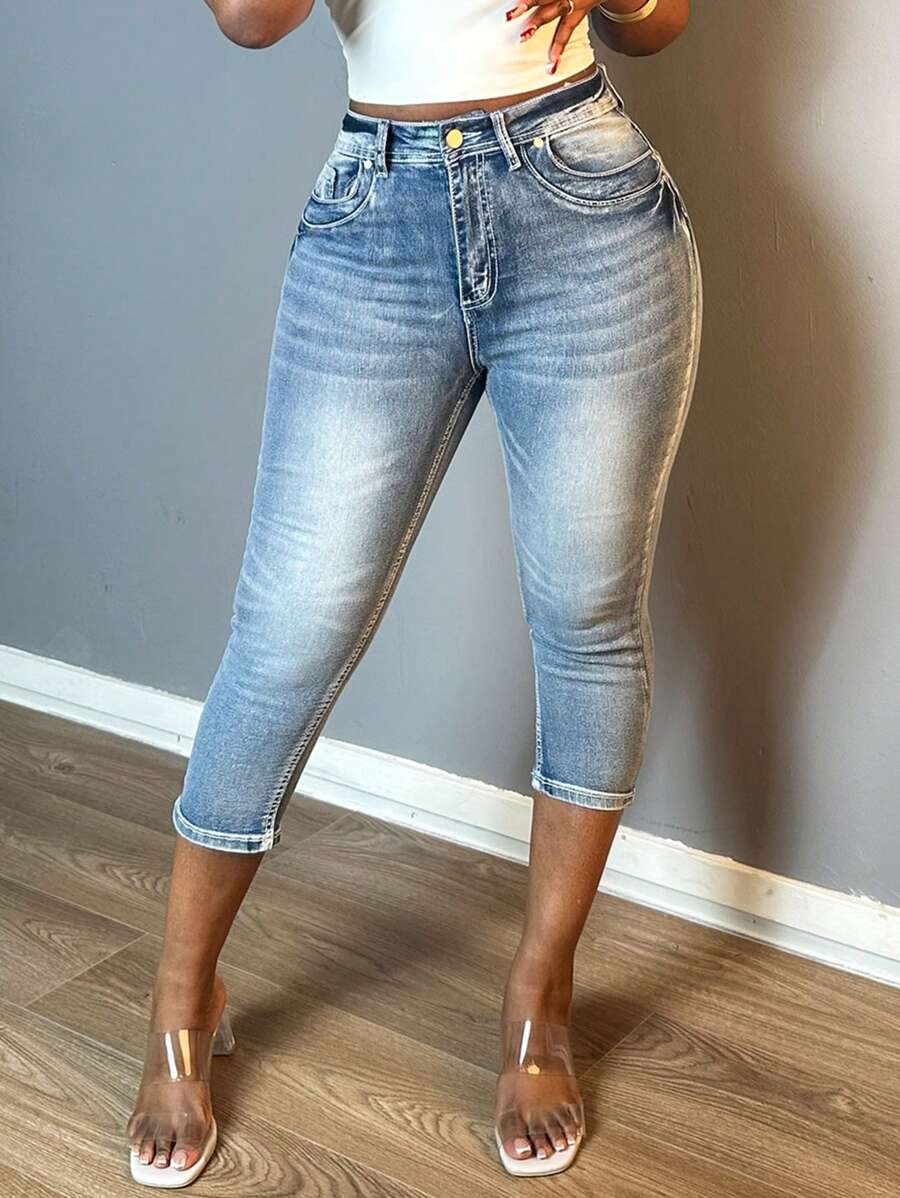 Women Fashion Vintage Washed Denim Pants Small Legs Button-Up Zipper Open Slim-Fit Stretchy Jeans - 淺色水洗藍 - 查看 1