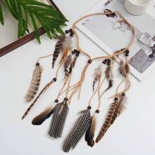 1pc Beige Boho Style Feather Headband, Boho Feather Headpiece, Feather Hair Accessory, Festival Headpiece, Boho Feather Hair Extension, Women's Boho Feather Headpiece - Beige - View 2