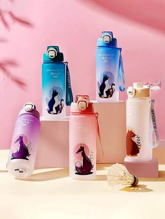 1pc800ml Children's Cartoon Cat Straight Drink Cup Large Capacity Portable Rope Outdoor Sports Kettle For Students To Use Back To School