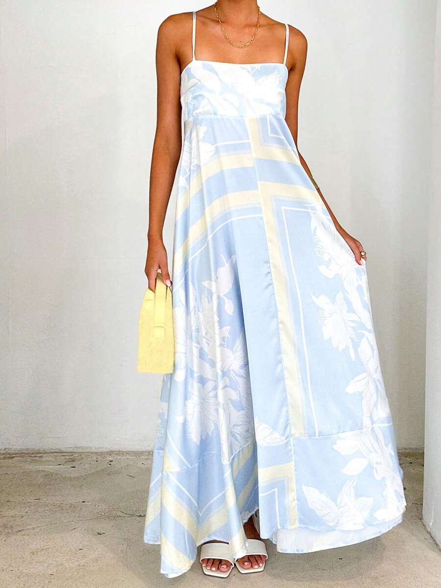Women's Long Cami Dress Stripe/Dot Print Spaghetti Strap Backless A-Line Flowy Dress - Blue and White - View 1