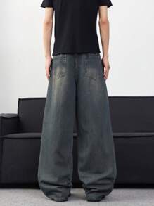 1 件装街头潮流休闲百搭宽松破洞男式牛仔阔腿牛仔裤