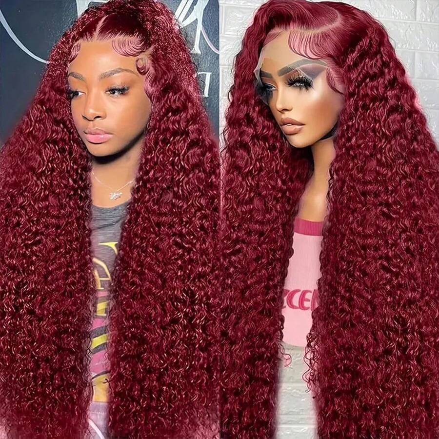 40 Inch Burgundy 13x4 Lace Front Wigs Human Hair Wigs For Women 99J Deep Wave Wigs 200% Density Glueless Wet And Wavy Red Colored Curly Human Hair Wig Pre Plucked 13x4 Transparent Lace Frontal Wigs - 酒紅色 - 查看 1