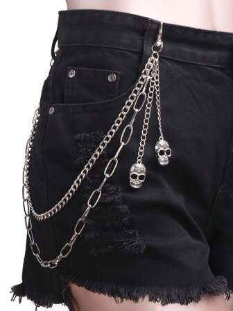 1 pezzo Catena da vita in stile punk, versatile, con decorazione in metallo a forma di testa di scheletro, stile da strada, a doppio strato, per pantaloni