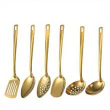 6pcs Gold-Plated Stainless Steel Kitchen Utensil Set - Includes Soup Spoon, Colander, Frying Shovel & More - Essential Cooking Tools For Home Chefs - Multicolor - View 13