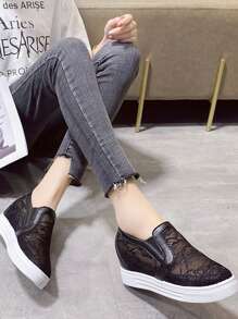 2025 Spring/Summer Women's Wedge Sneakers, Mesh Lace-Up Casual Platform Shoes, Breathable Round Toe Slip-On - Black - View 6