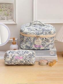 3Pcs Personalized Ditsy Floral Cosmetic Bag Set, Large Capacity Portable Travel Toiletry Bag, Cute Makeup Organizer, Customized Letter Grooming Pouch, Embroidered Beauty Bag, Suitable For Bridesmaid, Mom, Birthday, Friends, Christmas/Holiday Gift, Anniversary, Valentine's Day, Mother's Day - Multicolor - View 2