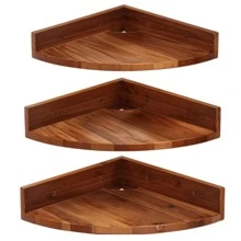 Corner Shelf Wall Mount Set Of 3, Solid Acacia Wood Round Floating Corner Shelves For Storage And Display, Hanging Wood Shelves For Bedroom, Kitchen, Living Room, Bathroom (Dark Brown) - 棕色 - 查看 1