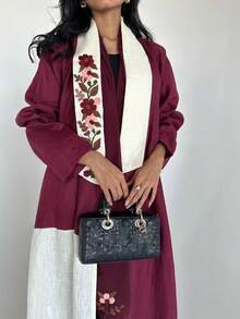 1pc Women Collared Heavyweight Embroidered Abaya, Elegant Floral Embroidery Patchwork Color Block Linen Long Robe With Printed Floral Pattern, Suitable For Daily Life, Festivals, And Gatherings, Modest Kaftan - Burgundy - View 2