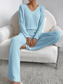 2pcs Casual Style V-Neck Ribbed Knit Top And Straight Pants Set, Fashion And Suitable For Spring, Summer And Autumn - Blue - View 1