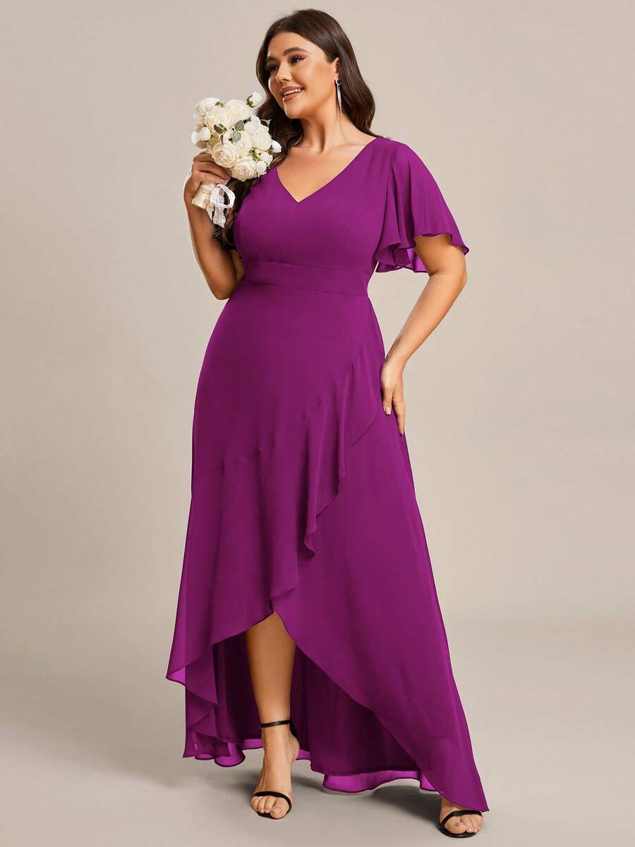 EVERPRETTY Plus Size V-Neck Asymmetric Ruffle Chiffon Bridesmaid Dress, Autumn Wedding Guest Dress
