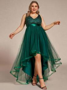 Plus Size Elegant V-Neck Bridesmaid Dress With Mesh & Sequin Patchwork, Party Dress, Prom Dress