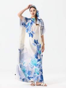 1pc Floral Print Long Robe/Shawl Wrap With A Scarf - Multicolor - View 10