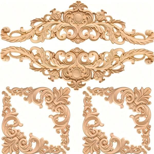 6pcs Wood Appliques And Onlays Wood Appliques For Furniture Decorative Wooden DIY Carved Onlay For Bed Door Cabinet Wardrobe Furniture Decoration