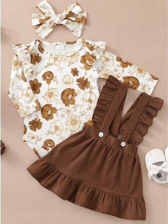 Infant & Baby Girl 3pcs Set: Camelia Floral Romper + Brown Pinafore Skirt + Headband, Spring Autumn
