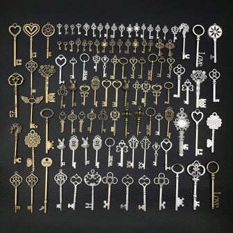 12/20/40/100pcs Mix Vintage Skeleton Keys Set, Filigree Steampunk Keys, Antique Bronze Silvery Keys Charms Pendants, For DIY Necklace Bracelet Jewelry Making Findings