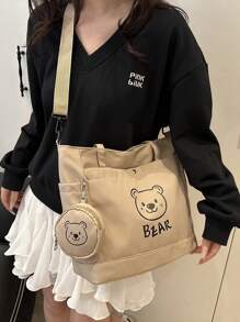 2 Pieces Bear Pattern Women's Large Capacity Tote Bag, Perfect For Business, Work, Commuting, High School, Portable, Suitable For Teen Girls And College Girls, Perfect For Office, College, Elementary School, Junior High School, Work, Stadium, Sports, Lightweight Shoulder Bag, Versatile In Spring And Summer Seasons, Suitable For Back To School And Travel - Multicolor - View 8