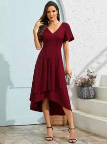 EVERPRETTY Sparkling V-Neck High-Low Wedding Guest Dress With Ruffled Sleeves, Formal, Party Dress, Gown, For Evening - Burgundy - View 4