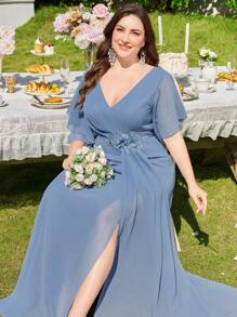 Chiffon Minimalist Sexy V Neck Plus Size Cocktail Party Wedding Dress,Gown,Formal,Evening,Wedding Guest - Dusty Blue - View 5