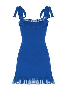 女士性感褶饰纯色紧身吊带蕾丝拼接连衣裙度假街头装派对春夏装 - 藍色 - 查看 4