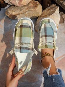 Retro Color-Block Round Toe Slip-On Casual Canvas Sneakers For Women, Elastic Band - Green - View 2