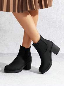Women's Chunky High Heel Chelsea Ankle Ladies Boots Stylish Suede Fashion Shoes - Black-pU - View 2