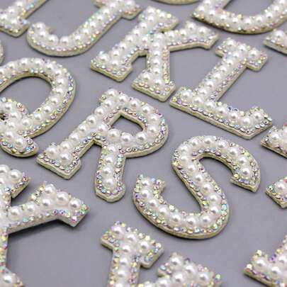 Crystal AB 26 English Letters Pearl Rhinestone Patches For Clothes A-Z Alphabet Pearl Rhinestones Applique Sew On/Glue On Patches DIY Name