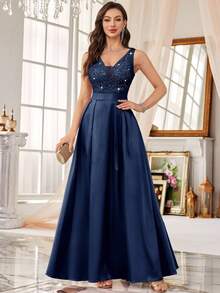 MIUSOL Vestido Longo de Festa Formal Cetim Linha A com Gola V Profunda, Lantejoulas, Renda Floral e Sem Manga - Azul Marinho - Visão 7