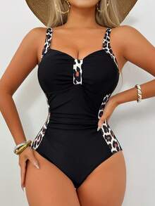 Fashionable One-Piece Swimsuit - Tummy Concealing Beach One Piece Swimsuit, Sexy Color Block Design, Suitable For Swimming, Spa, Vacation, Party & Gatherings Summer - Black + Leopard - View 2