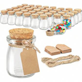 迷你罐 6/12 包，3.4 盎司玻璃礼品罐，带软木盖，玻璃布丁罐，带盖玻璃容器，梅森罐婚礼礼品蜂蜜罐，带标签和细绳，适用于婚礼新娘送礼会生日回礼