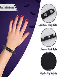 Spiked Studded Bracelets Punk Leather Rivets Bracelet Cuff For Men Women, Black Punk Rock Studded Bracelet Set, Black Leather Rivet Punk Bracelet Cuff Wrap Bangle Snap Button Wristband For Daily & Gifts - Black - View 4