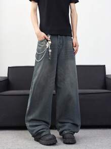 1 件装街头潮流休闲百搭宽松破洞男式牛仔阔腿牛仔裤