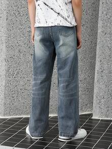 Pantalones vaqueros azules de moda casual y cómodos para adolescentes, adecuados para uso diario y vuelta al colegio, lavado vintage de alta calle con efecto desgastado | Pierna recta ajustada | Pantalones vaqueros con caída