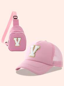 2pcs/Set Girls Letter Graphic Baseball Cap And Bag, Breathable Design For Daily Wear And Outdoor Activities - Pink - View 13