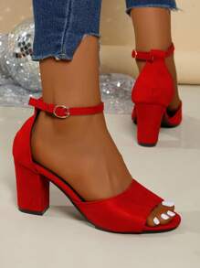 大码女式粗跟露趾凉鞋，新款优雅休闲一脚蹬高跟鞋，时尚假日凉鞋 - 紅色 - 查看 5