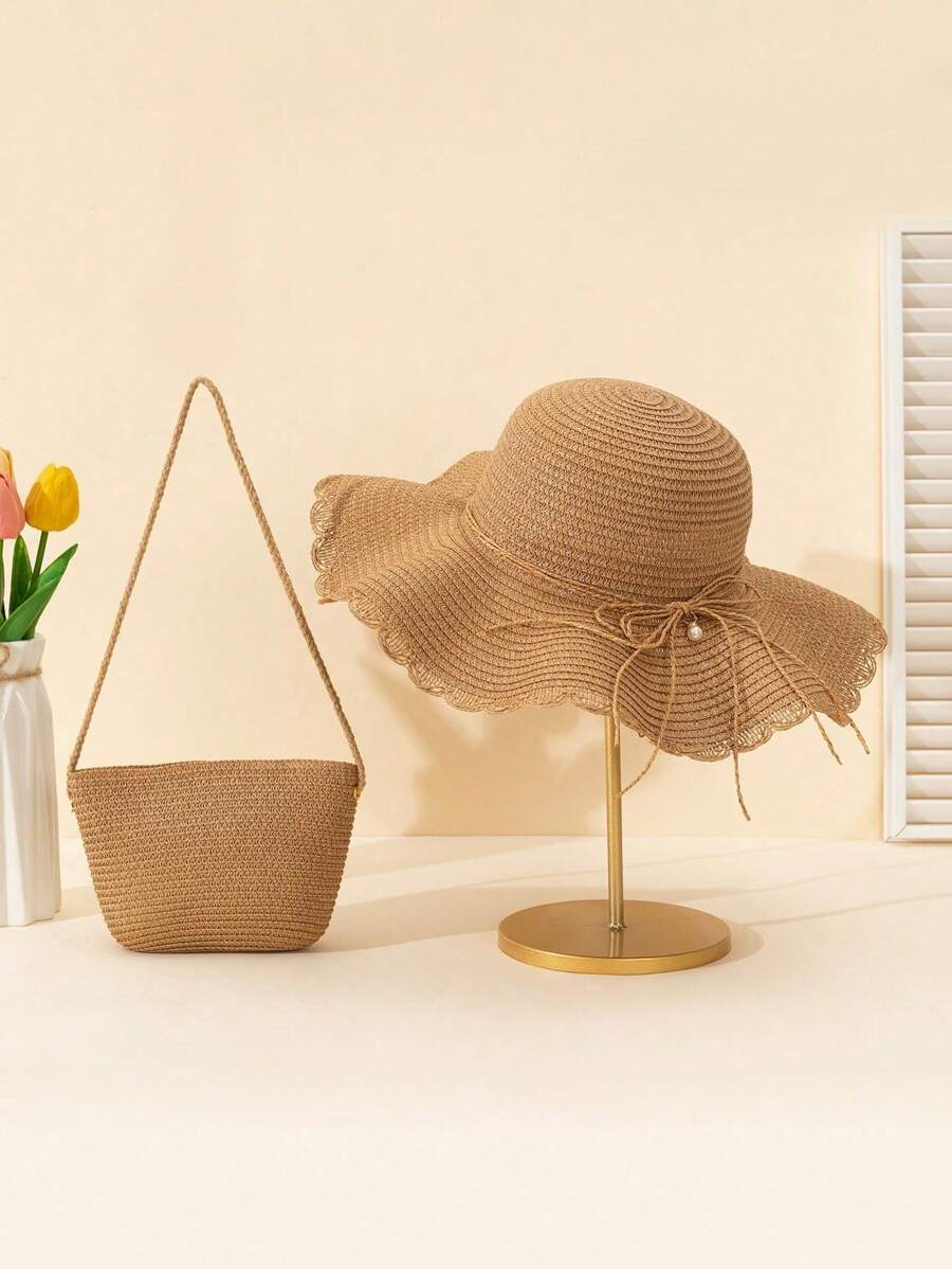 2pcs Set: Beige Wave Pearls Bow Decor Sun Hat & Straw Crossbody Bag With Coin Purse, Suitable For Holiday, Beach, Vacation Gift - Khaki - View 1
