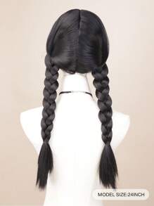 24-Inch Black Braided Wigs With Pigtails, High-Temperature Fiber For Cosplay Performance
