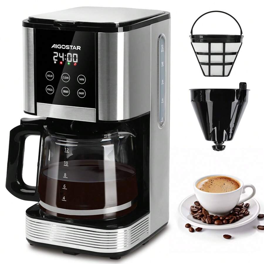 Filterkaffeemaschine, Programmierbar 24h, 1,5L, LCD-Display, 14-Tassen Kaffeemaschine, Edelstahl, 1000W, Intensitätseinstellung, Tropf-Stopp, AutoClean, Warmhaltefunktion, Schwarz
