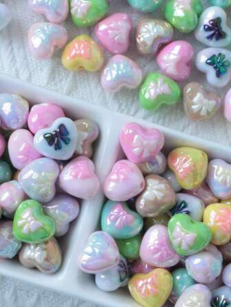 10pcs/Pack Assorted Acrylic Bow & Heart Hole Beads Handmade DIY Parts For Cellphone Strap, Keychain, Pen, Jewelry, Decor