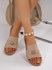 Women's Rhinestone Decorated Open Toe Flat Sandals, Suede Matte Finish Fisherman Style Strap Khaki Beach Shoes, New Summer Casual Slip-On Flat Slippers - Khaki - View 4