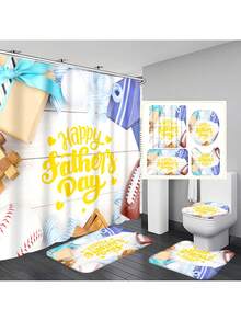 1pc/4pcs Father's Day Printed Multipurpose Bathroom Decor Set - Waterproof Shower Curtain With 12 Hooks, Slip-Resistant Bath Mat, U-Shape Toilet Mat, Round Toilet Lid Cover, Suitable For All Bathroom Scenarios Back To School
