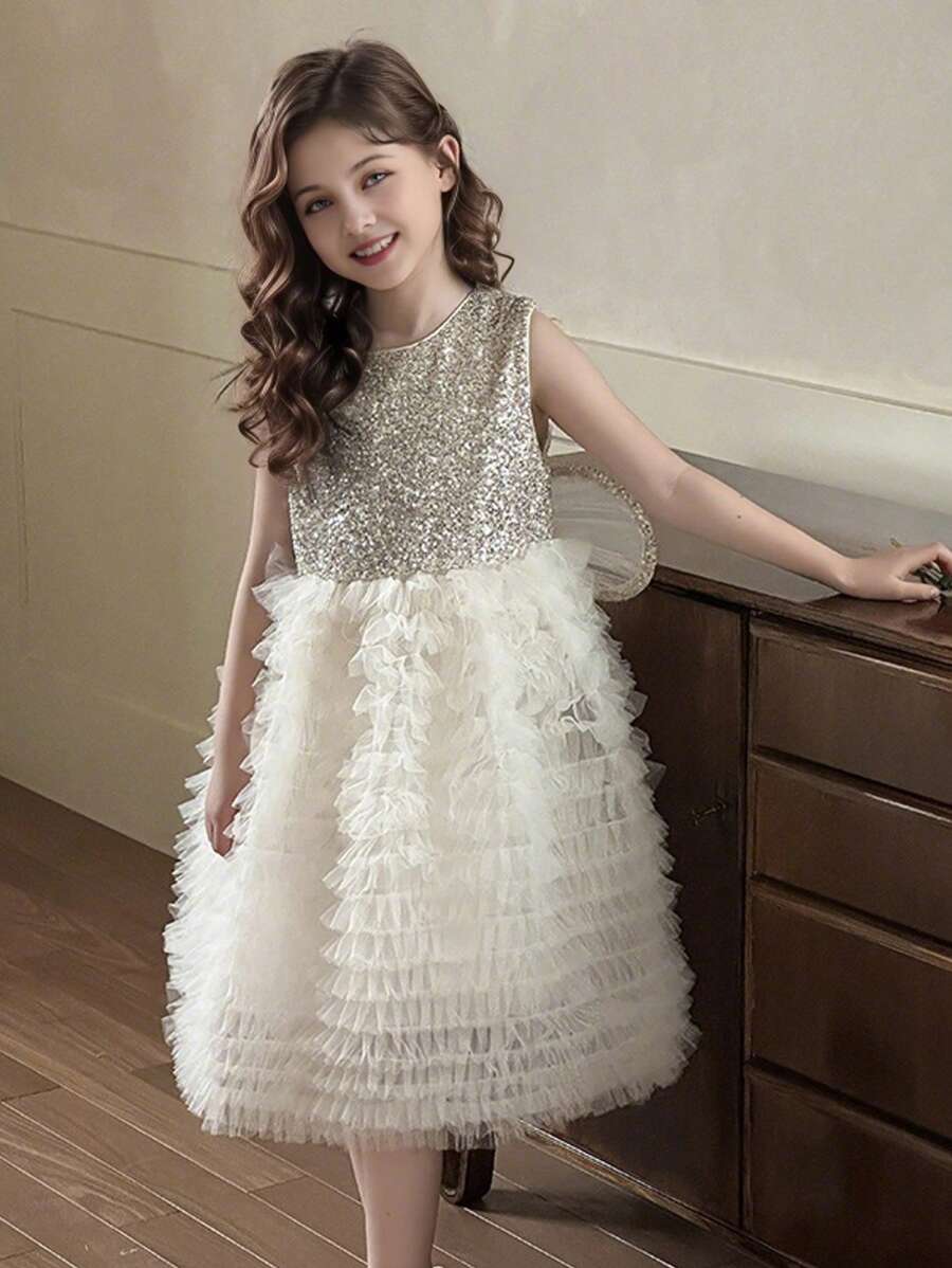 Vestido de princesa com lantejoulas e malha da moda para meninas com detalhes de asas, verão - Branco - Ver 1