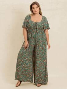 Rusttydustty Tuta a maniche corte con scollo quadrato, a fiori stile boho, con arricciature, per taglie forti, abbigliamento da spiaggia, vacanza tropicale, costume da festival musicale, pasqua