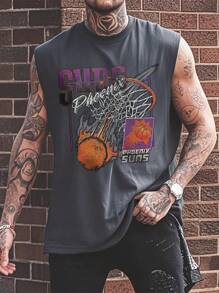 男士休闲个性化字母和篮球图案印花运动背心 - 深灰色 - 查看 2