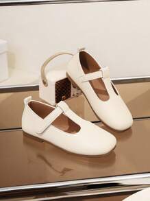 1 Pair Girls Beige Flat Shoes, PU Adjustable Hook-And-Loop Round Toe TPR Anti-Slip Lightweight Comfortable Solid Color Ballet Flats, Suitable For 5-14 Years Old Students, School & Outdoor Daily Casual Wear, All Season - Beige - View 5