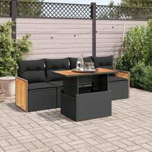 Salon de jardin 5 pièces avec coussins en résine tressée d'acacia noir